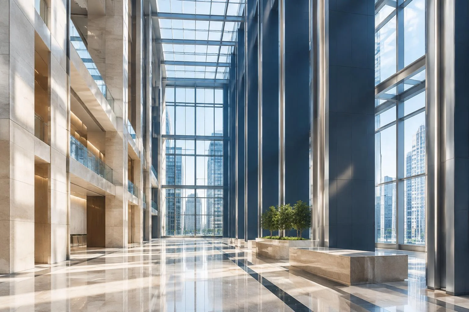Illustrative sunlit architectural atrium with glass walls and structural columns