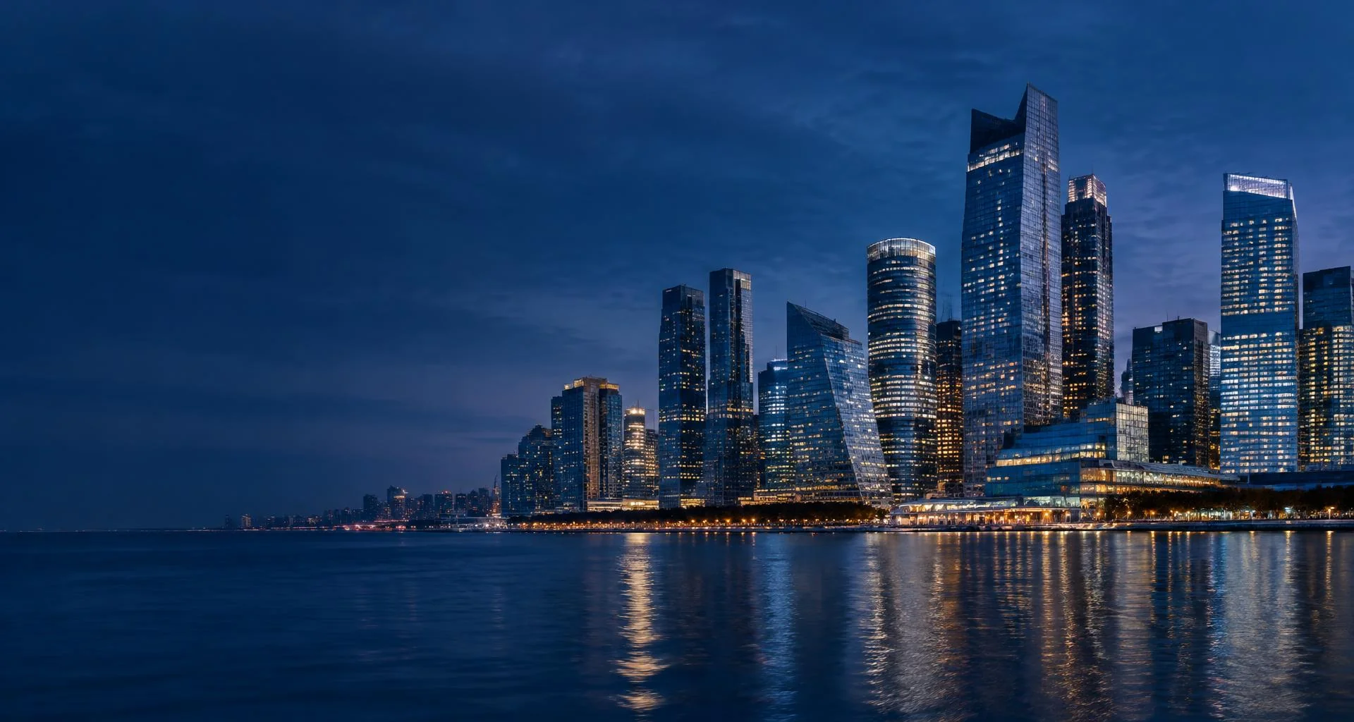 Illustrative glass-and-steel financial district across a waterfront at blue hour
